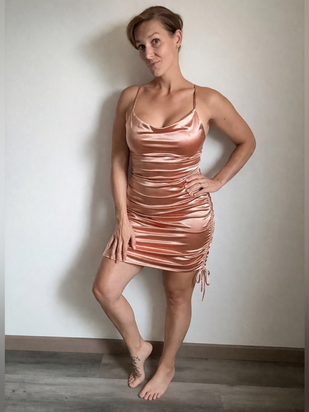 Champaign Ruched Dress Adjustable Spaghetti Straps Medium